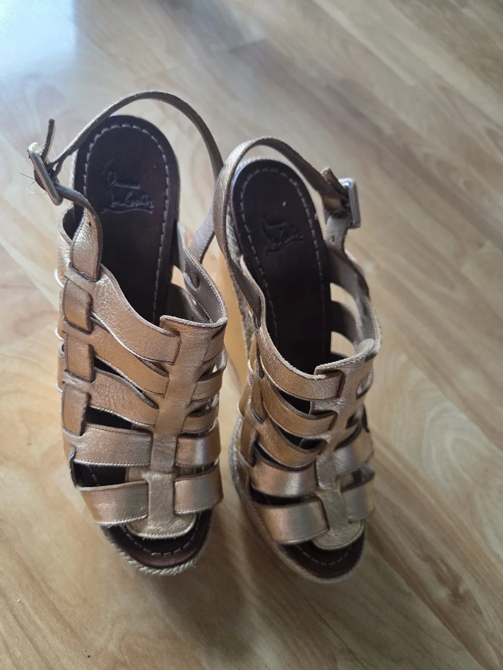 Louis Vuitton Metallic Rose Gold Leather Woven Espadrille Wedges